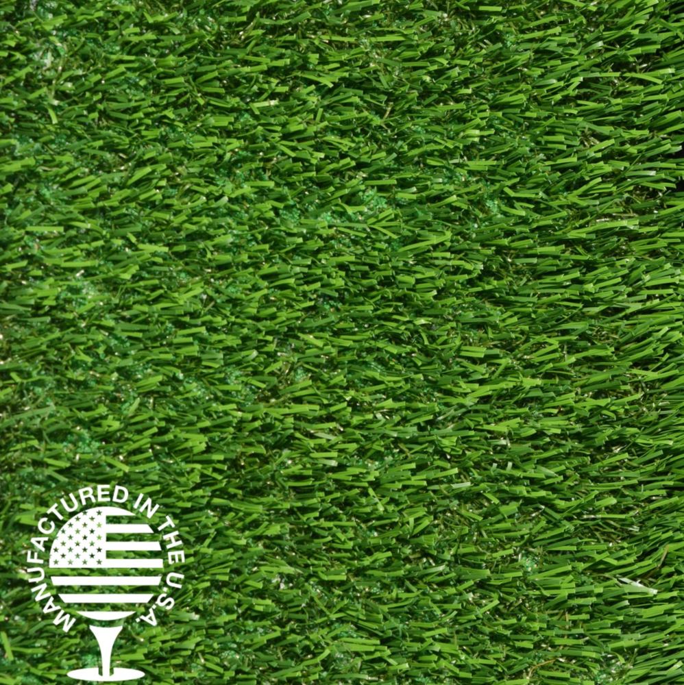 Close-up of field green and lime green artificial grass turf, manufactured in the USA, featuring durable fibers designed for sports fields, playgrounds, and high-traffic landscape applications by Southwest Greens.