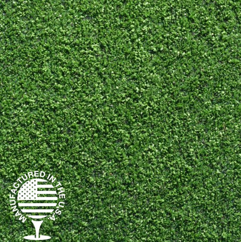Close-up view of dense, vibrant artificial grass with tightly woven blades, designed for realistic appearance and durable outdoor landscaping use.