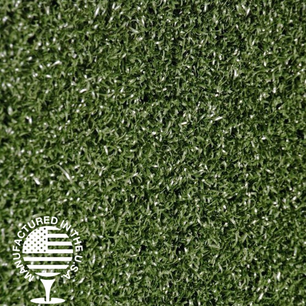 Close up image of artificial turf with a Manufactured in the USA logo in the bottom left. Close up image of artificial turf with a Manufactured in the USA logo in the bottom left.
